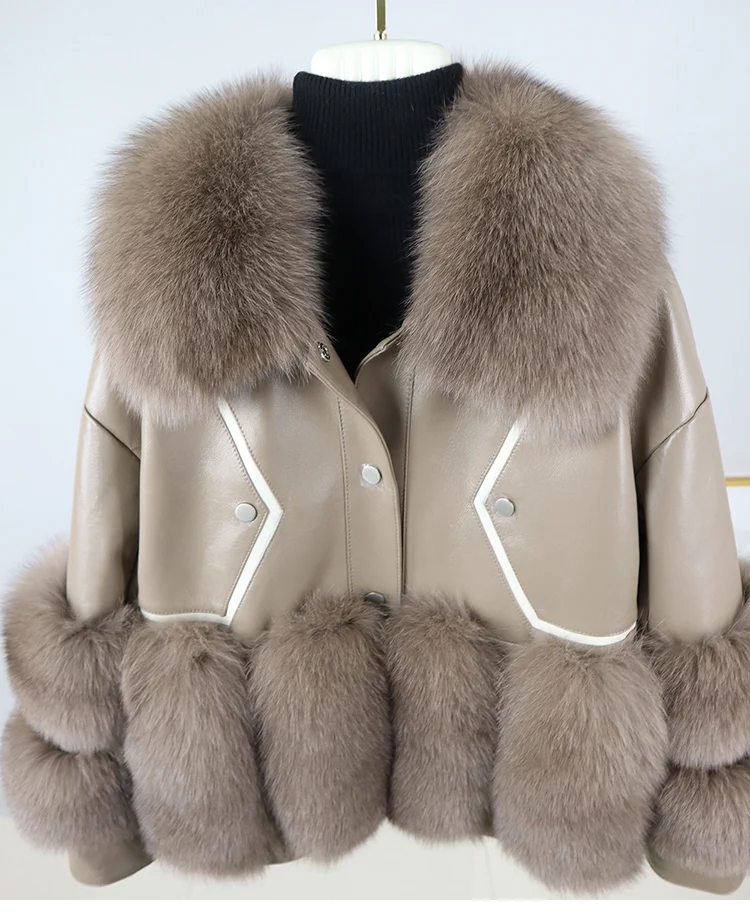 Winter Women Real Leather Jacket Woman Real Fox Fur Coat Genuine Sheepskin Leather Coat Luxury Fashion Streetwear Warm Fur Coat