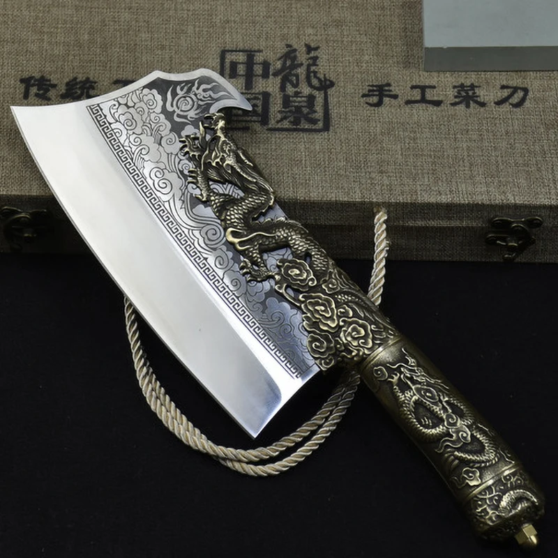 

Большой нож 9 дюймов, измельчитель, нарезка, ручная работа, кузнечный нож Longquan, кухонный нож, медный брикет, красивый нож с узорами