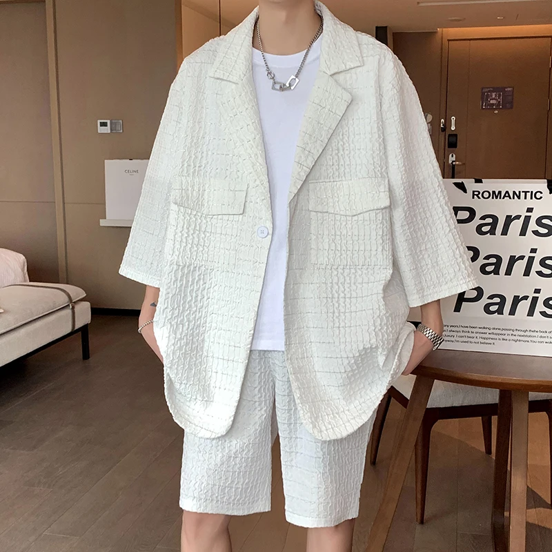 

2023 new Summer Mens Sets Solid Color Three Quarter Sleeve Blazer+Shorts Set for Men Casual 2-piece Set Man
