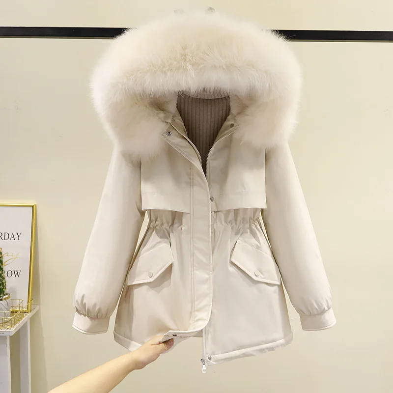 2022 Women Luxury Fur Hooded Coat Fashion Fur Lining Thick Winter Warm Parkas Female Casual Drawstring Collect Waist Overcoat