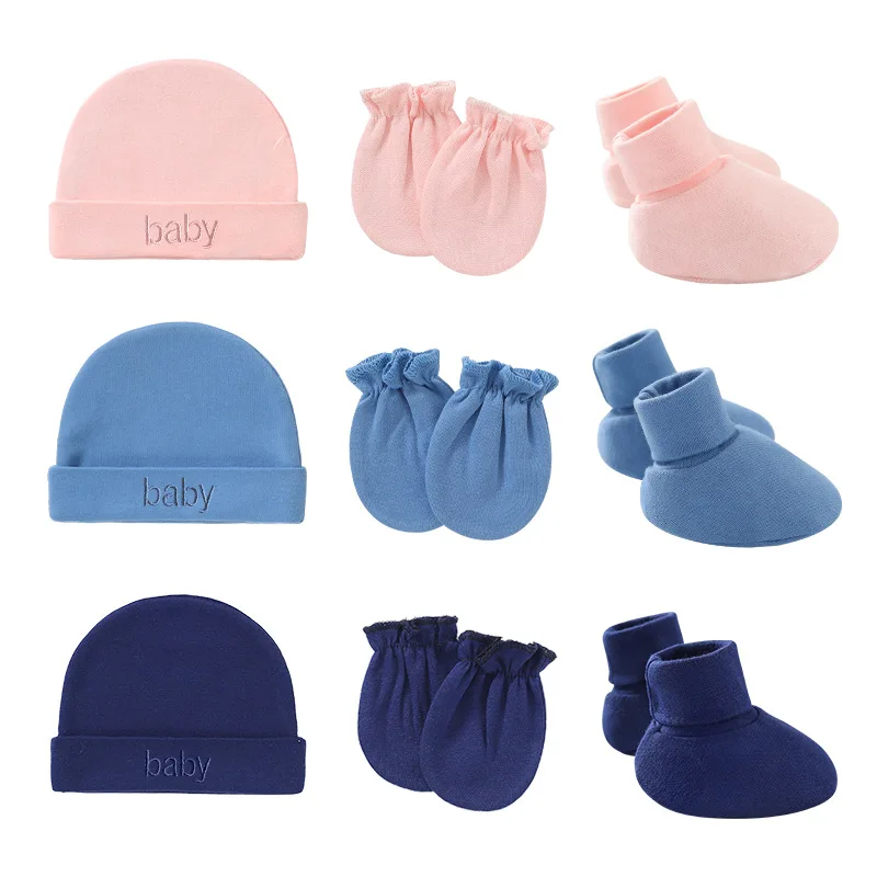 

5 pcs/lot Newborn Baby Cotton Beanies Hospital Hat and Mittens Set Solid Candy Color Stretchy Infant Warm Cap Gloves 2022