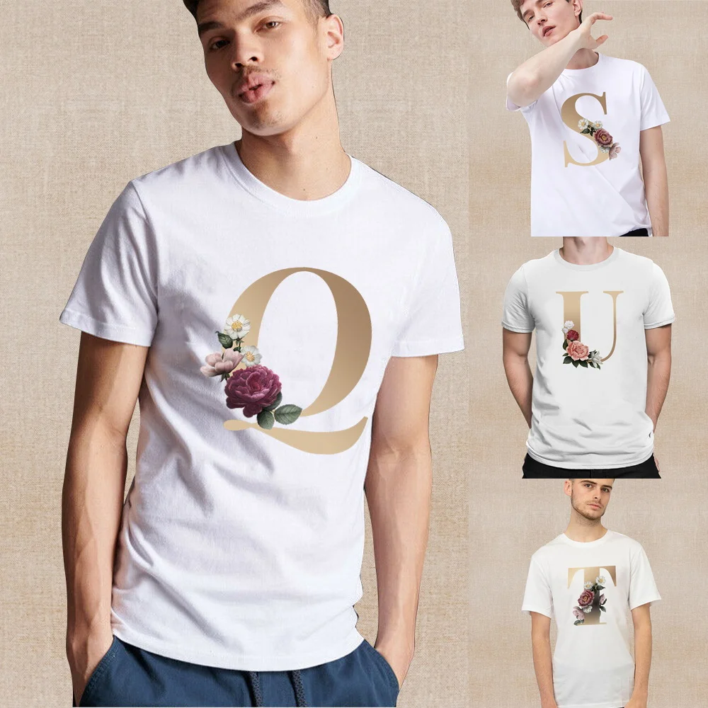 

Футболка мужская с коротким рукавом, модная тенниска с золотым принтом и надписью, повседневный удобный эластичный пуловер с круглым вырез...