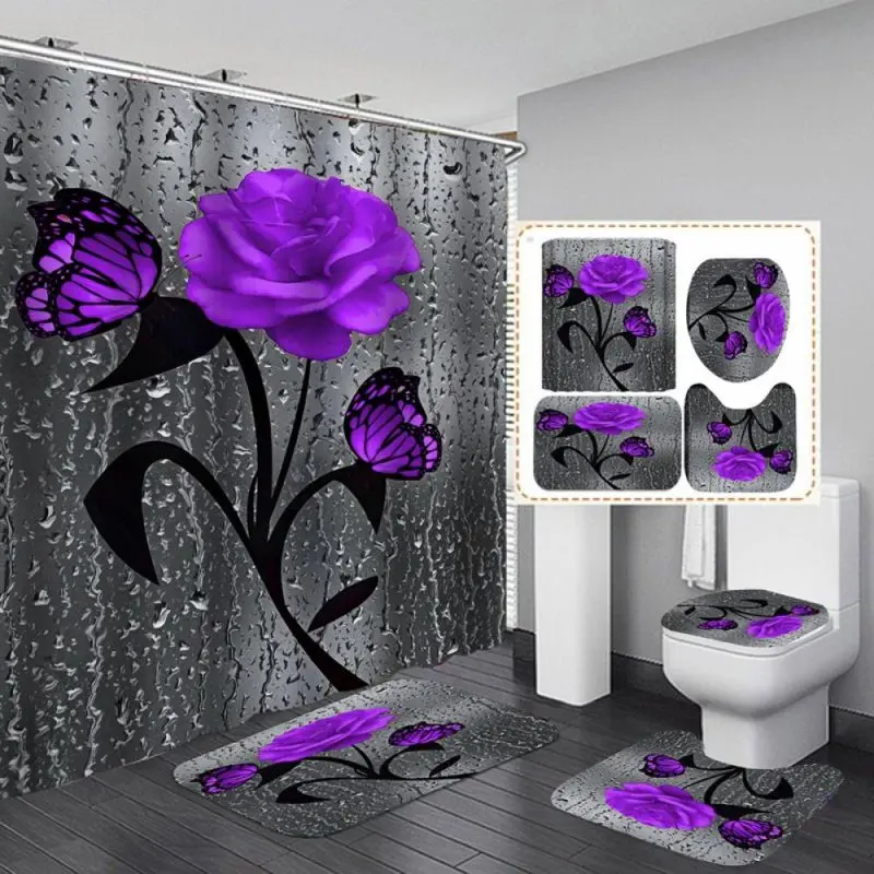 

3D Raindrop Rose Flower Shower Curtain,Fabric Cloth Polyester Waterproof Bath Curtain, Non-Slip Bathroom Rugs Bath Mat Set, Eleg