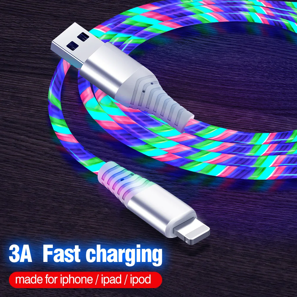 

3A 2M/1M Glowing LED Cable Fast Charging Cable USB To Type C Cable For iPhone 13 12 11 PRO 8 7 Plus Mobile Phone Charging Cable