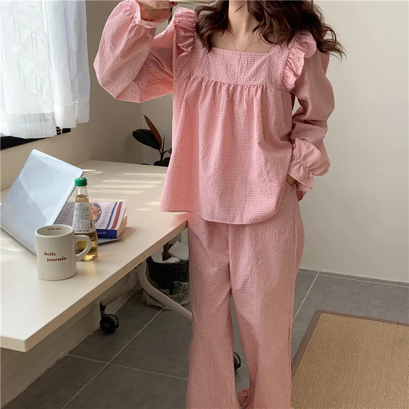 Pajama Set Plaid Homewear Two Piece Set Women Sleepwear Long Sleeve Tops Pants Pyjama Loose Korean Ladies Home Suit Ruffles