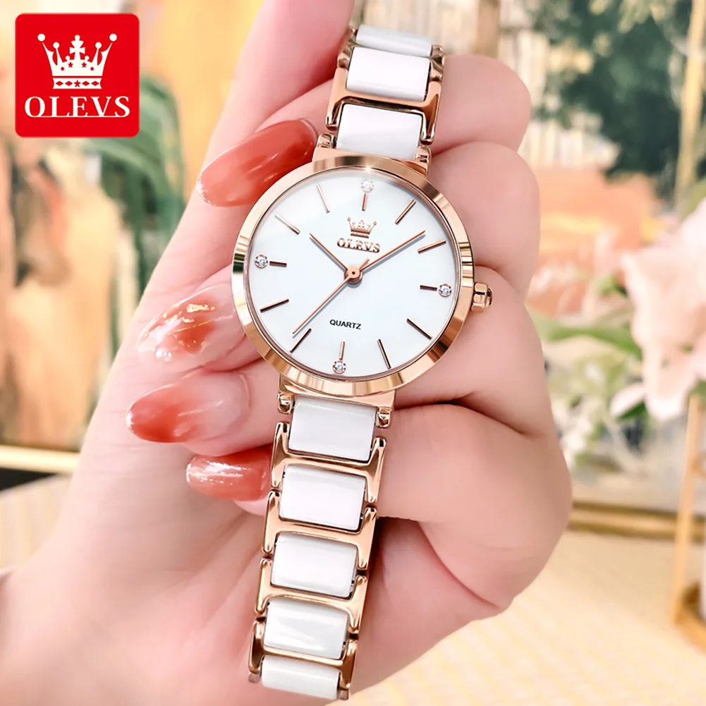 OLEVS Waterproof Women Quartz Wristwatches High Quality 2023 Japanese Movement White Ceramics Strap Fashion Watch for Women 5877