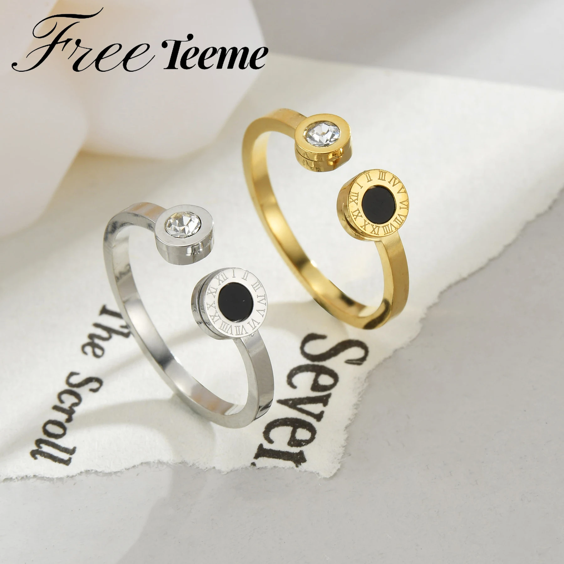 Фото Freeteeme открытые кольца из нержавеющей стали с римскими цифрами для женщин и мужчин, черный корпус, регулируемое кольцо с цирконом, модные ювелирные изделия для пары, подарок №1