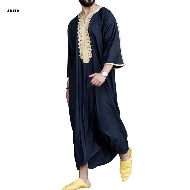 

Simple Muslim Clothing Muslim Men Shirt Plus Size Middle East Jubba Thobe Embroidery Striped Muslim Robes Muslim Dress