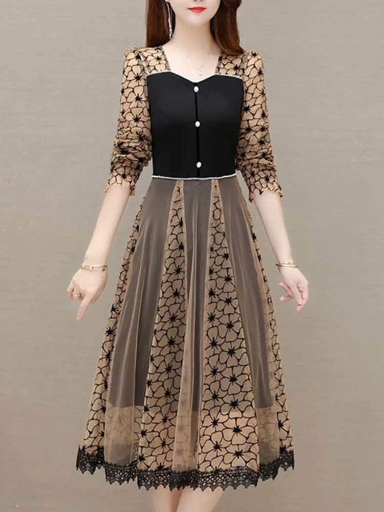 

Elegant Women Dress Square Collar Midi Party Dress Vintage Print Mesh Korean Fashion Long Sleeve A-Line Dresses Vestido Mujer