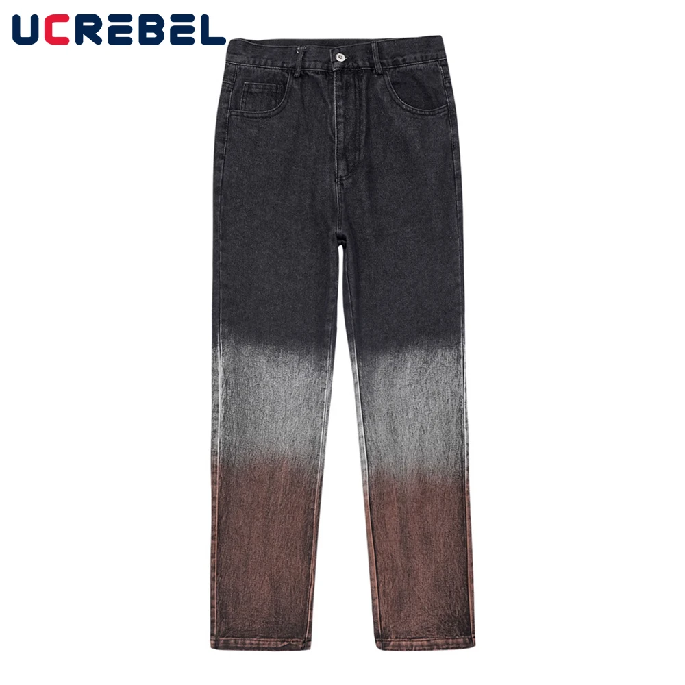 

Gradient Dyed Denim Pants Mens High Street Distressed Loose Straight-leg Pants Streetwear Color Block Casual Jeans Trousers Men