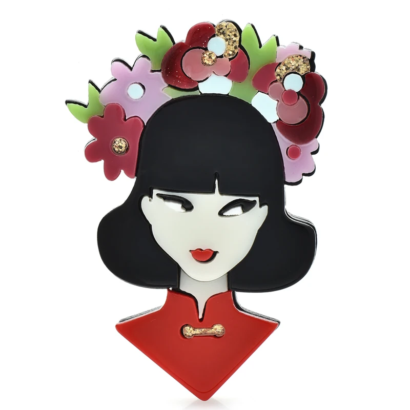 

Wuli&baby Acrylic East Oriental Beauty Lady Brooches For Women Wear Flowers Cheongsam Dress Girl Figure Party Causal Brooch Pin