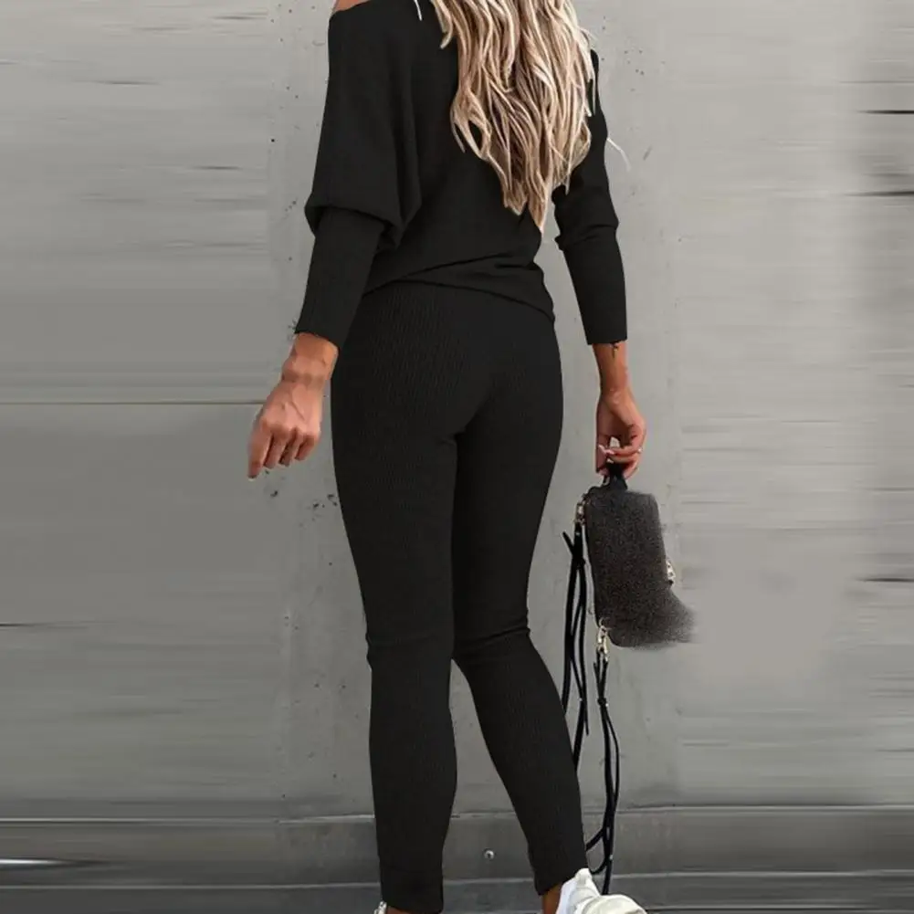 

1 Set Simple Top Pants Slash Neck Soft Streetwear Slanted Neck Sweatshirt Mid Waist Sweatpants