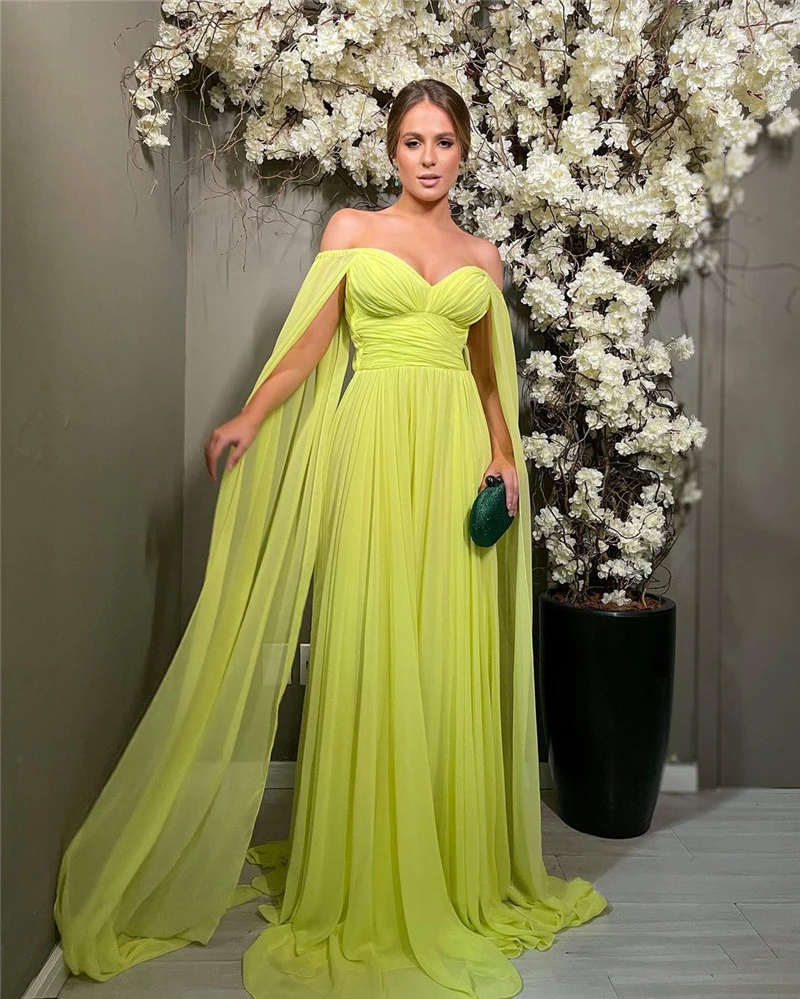 

Sexy Off the Shoulder Lemo Yellow Chiffon Long Prom Dresses Cape Sleeves Arabic Women Formal Evening Gowns Beach Party Dress