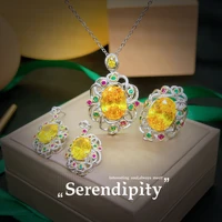 luxury silver color jewelry sets yellow cubic zirconia crystal stone pendant necklaces earrings adjustable rings set for women