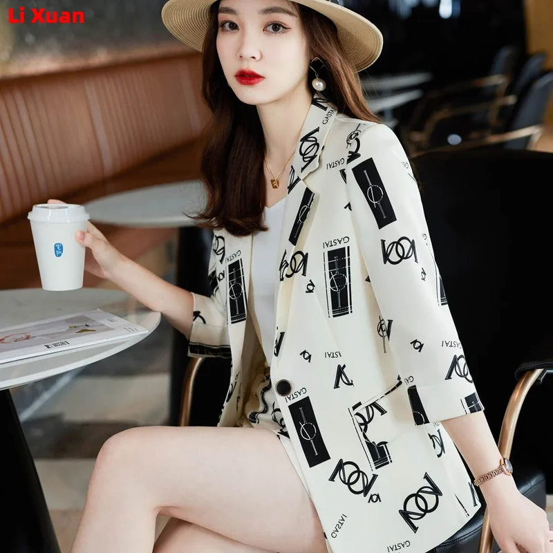 2023 Summer Thin Fashion Loose Casual Medium Length Femme Jacket Pantsuits Korean Women Office Print Blazer Shorts Set 2-piece