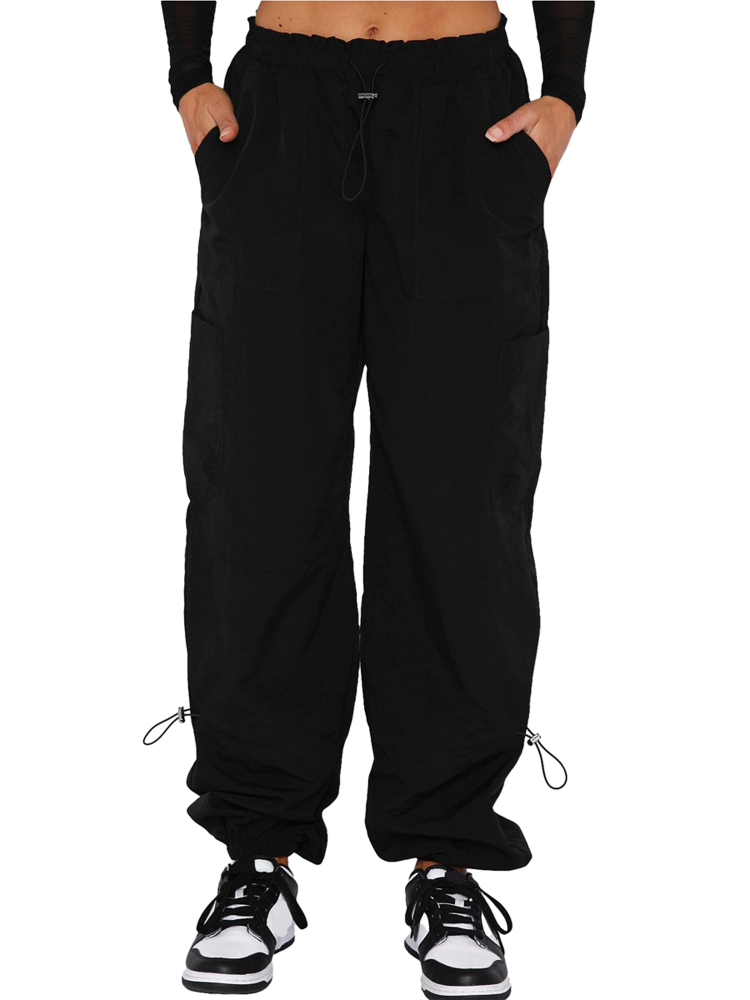 Vintage Low-Rise Parachute Cargo Pants for Women - Oversized Baggy Drawstring Trousers with Y2K Track Pant Style and Streetwear