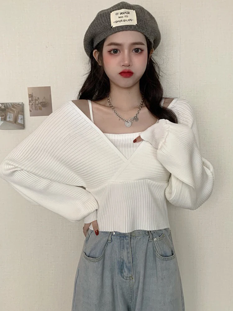 Поддельные два свитера женские весенне-осенние новые сексуальные вязаные с