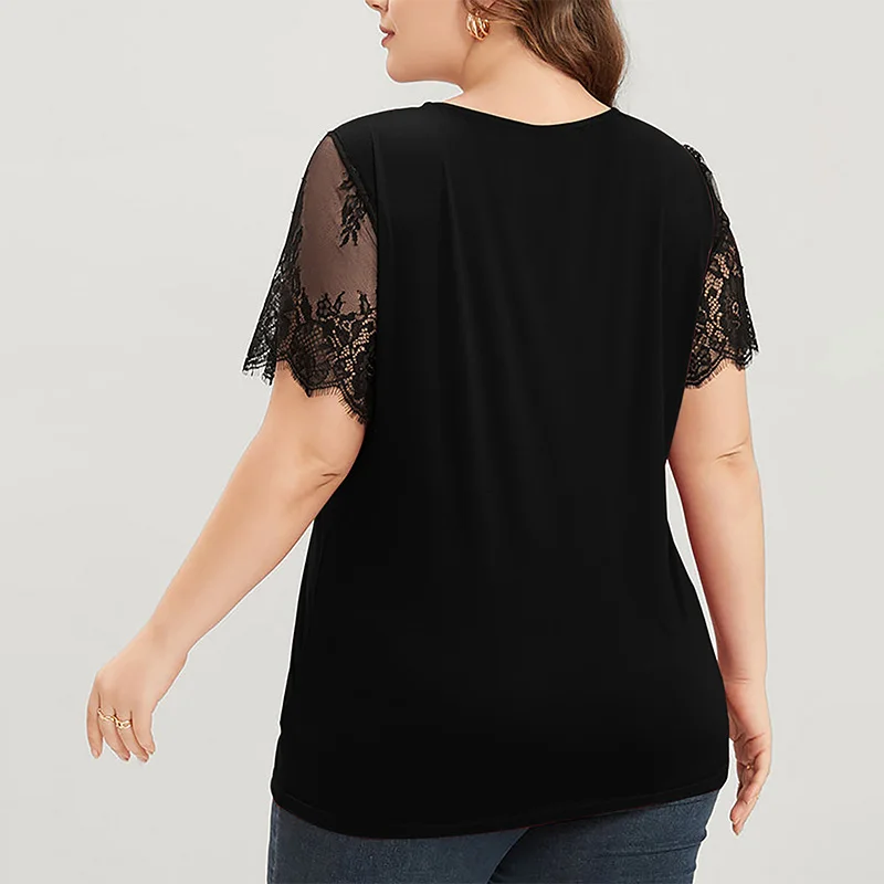 Lace Patchwork Solid T-Shirt Crew Neck Fashion Gradient Color Short Sleeve Hook Flower Hollow Pullover Plus Size Tops Women