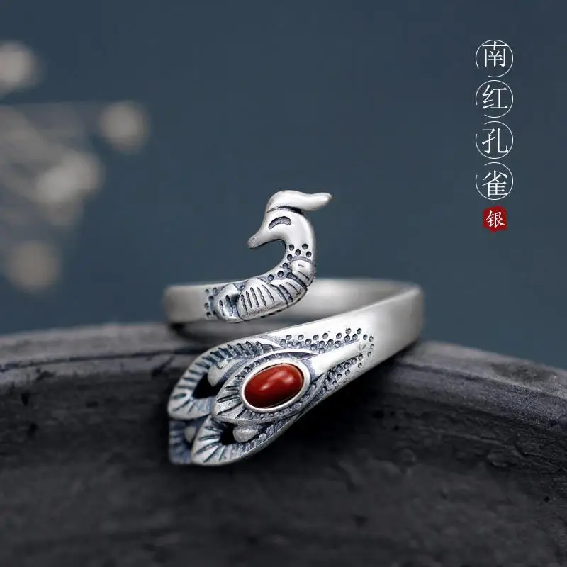 

S925 Sterling Silver Peacock Ring Female Open South Red Original Phoenix Ring Ethnic Style Personality Hipster Index Finger Jewe