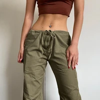 2022 drawstring sweatpants women retro low waist baggy pants pockets harajuku joggers y2k green cargo pants tied ruched pants