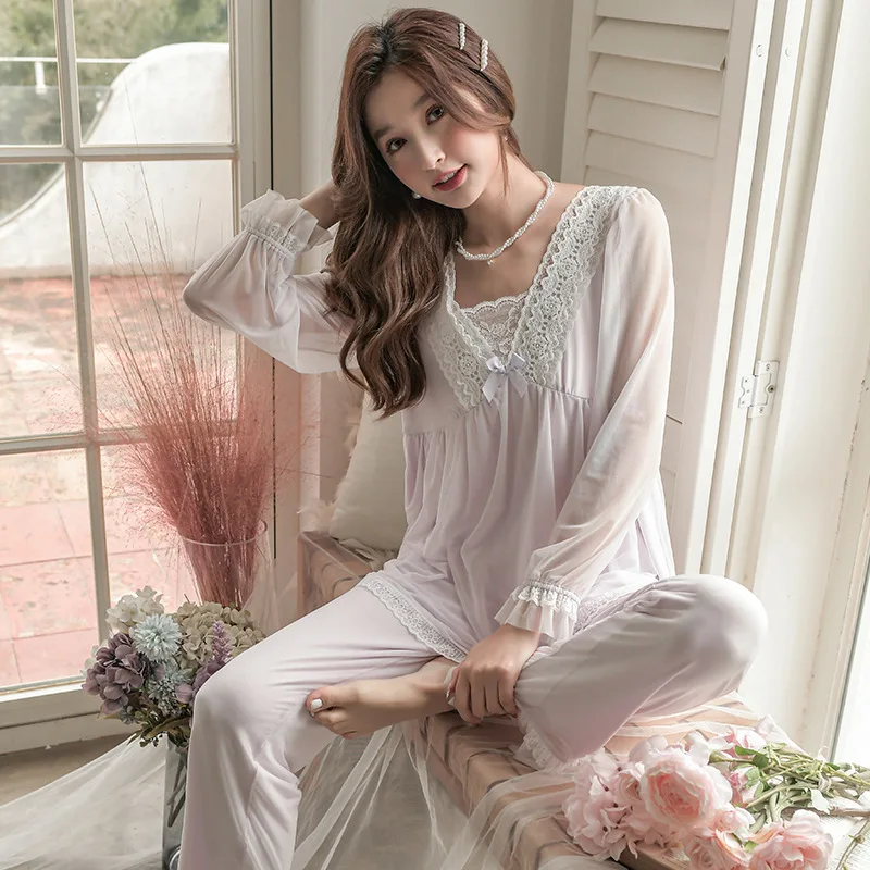 Court Style Pajamas Women's Spring Autumn Lace Home Clothes Princess Style Long Sleeve Mesh Modal 2Pcs Suit Lady Sleepwear