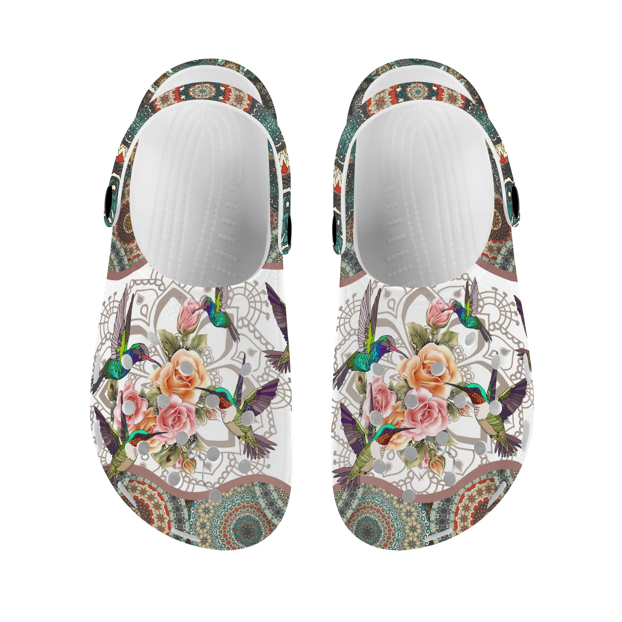 Bohemia Style Women's Clogs Hummingbird Design Flat Shoes Lightweight Non-Slip Sandals Summer Beach Round Toe Garden Shoes EVA