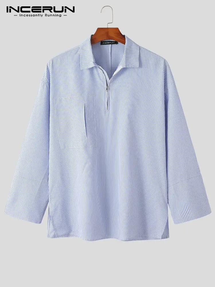 Fashion Casual Style Tops INCERUN Men All-match Striped Blouse Male Solid Comfortable Front Mid-Zipper Long Sleeve Shirts S-5XL