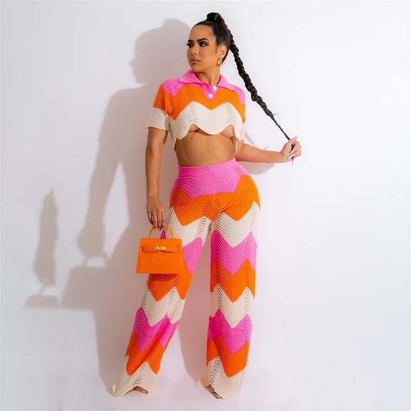 

Wave Cut Striped Knitted 2 Piece Sets Polo Neck Short Sleeve Crop Top High Waist Wide Leg Pants Autumn Winter Casual Suits