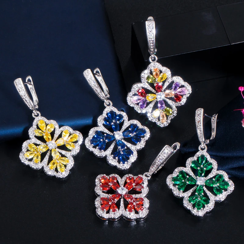 

ThreeGraces Unique Colorful Cubic Zirconia Crystal Silver Color Long Dangle Drop Earrings for Women Trendy Party Jewelry E1011