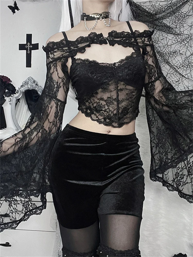 

Блузка в стиле Харадзюку Y2K, привлекательный Винтажный кружевной прозрачный кардиган на пуговицах с длинными рукавами, новинка 2022