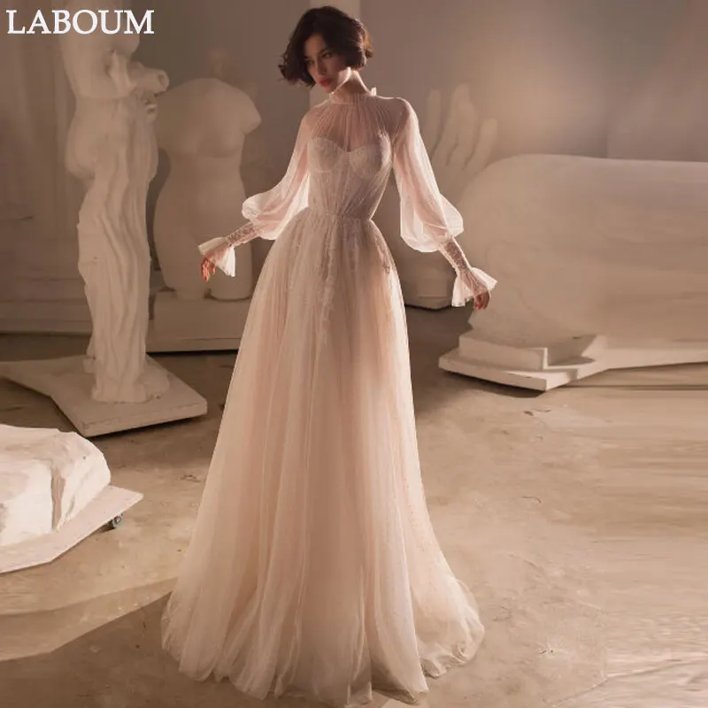 

LaBoum Long Sleeves High Nect Tulle Wedding Dress A Line Lace Appliques Bridal Gowns Vestido De Noiva Back Button Floor Length
