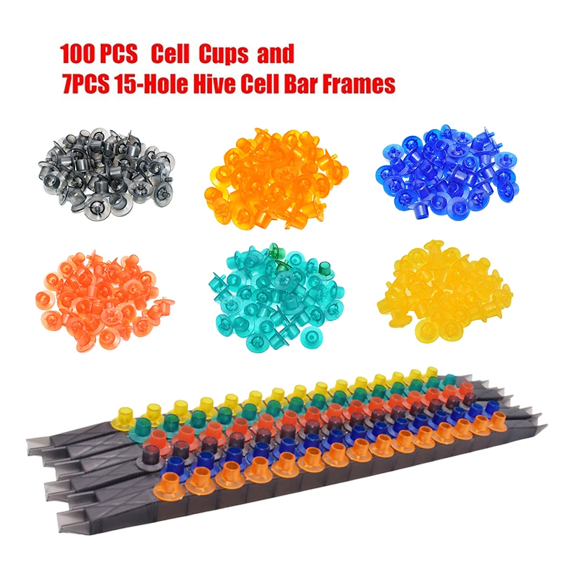 

7 PCS 15-Hole Cell Bar Frames with 100 PCS Cell Cups Queen Rearing Tool
