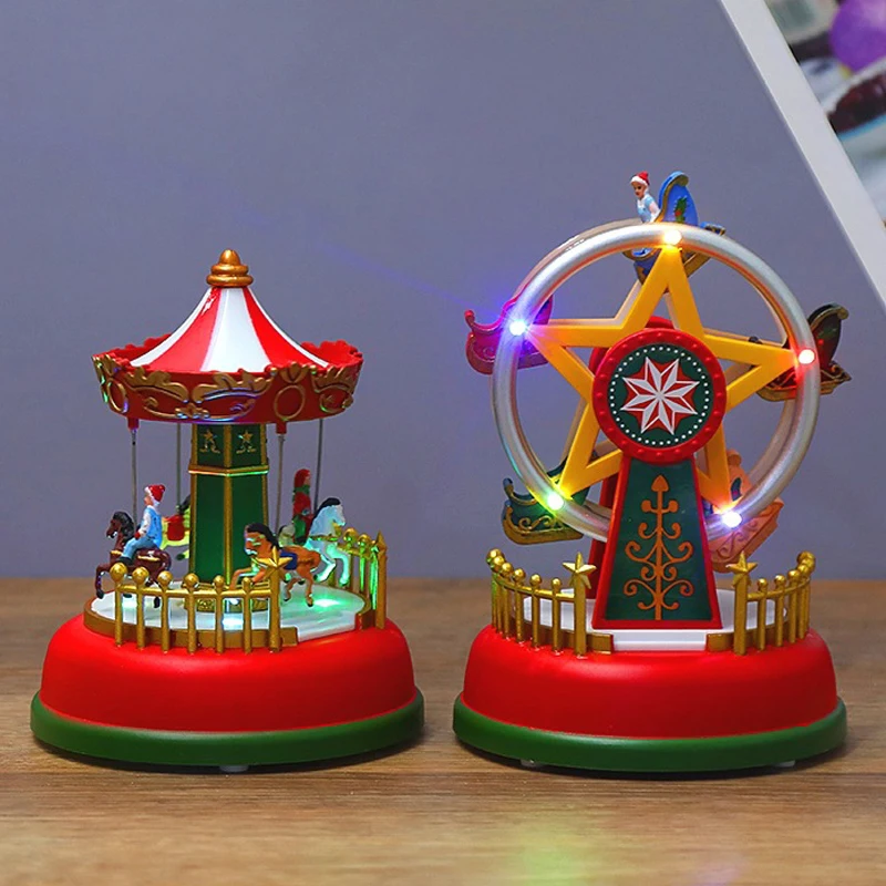 

Merry Christmas Village Carousel Ferris Wheel Music Box Ornaments Home Decor Miniature Figurines Xmas Party Room Desk Decoration