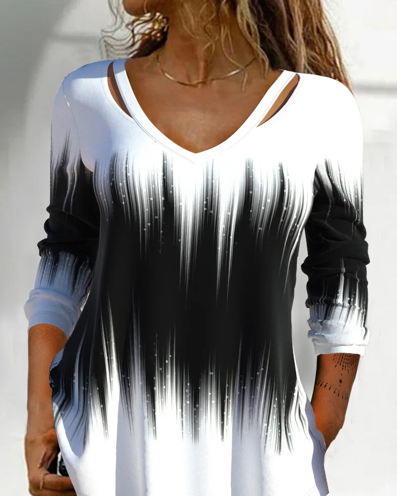 

Ombre Long Sleeve Cutout Top Women V Neck Fashion Casual T Shirt Printed Tops