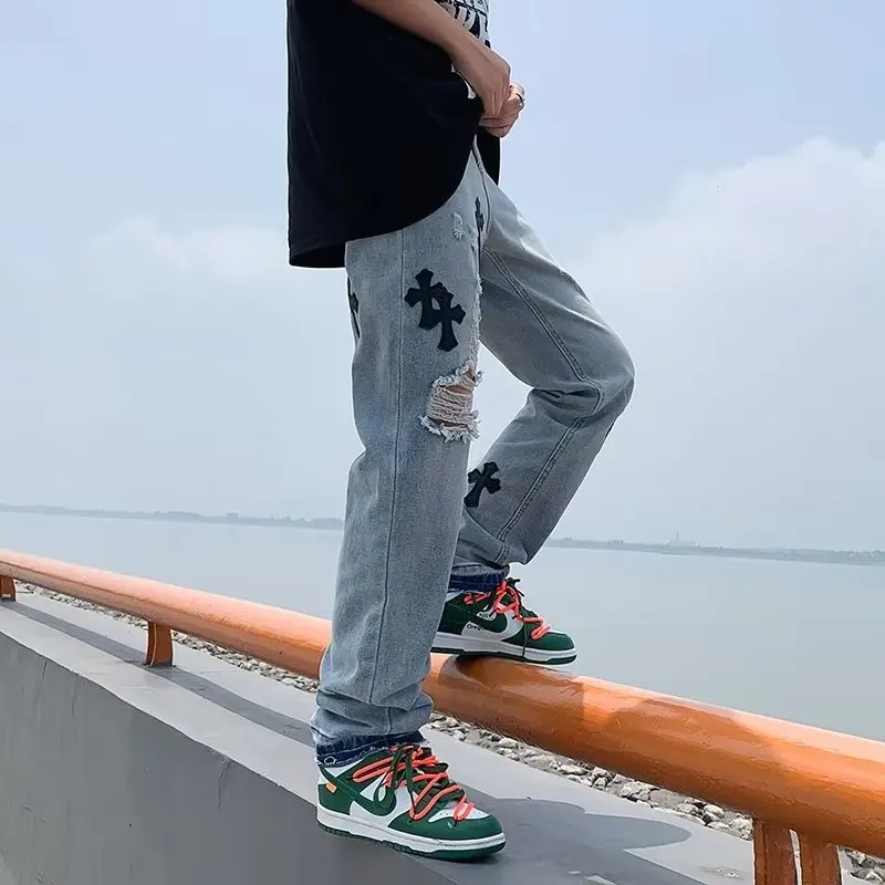 European and American Men's Fashion Trend Ripped Pants Loose Casual Jeans Fashion Cross Stick Straight Wide Leg Pants Streetwear