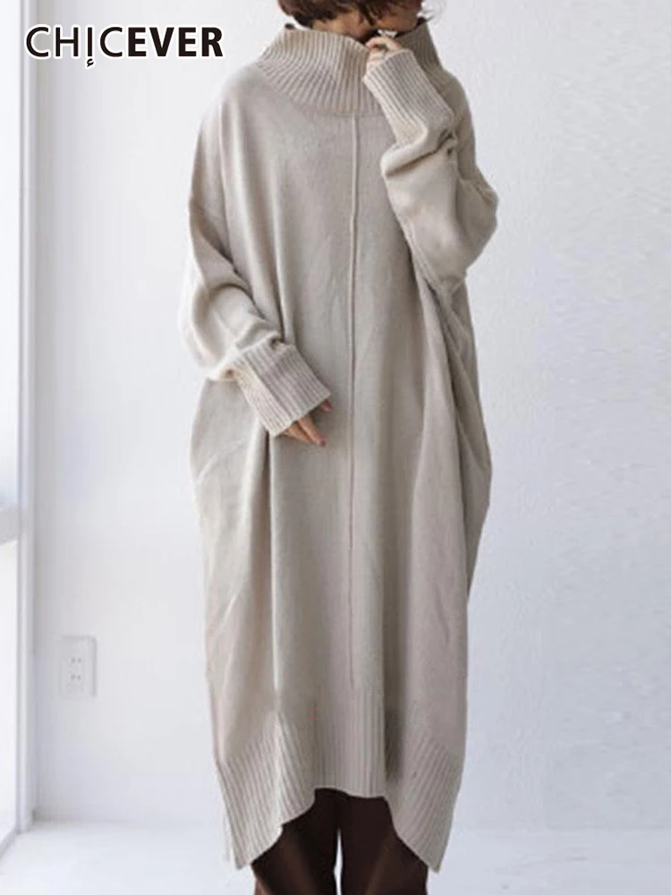 

CHICEVER Pullover Dresses For Women Turtleneck Long Sleeve Knitting Loose Minimalist Dress Female Autumn Clothing Fashion Style