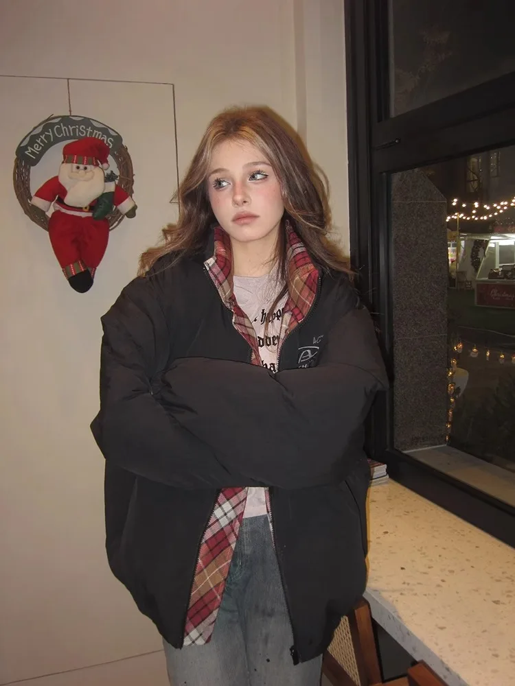 American vintage Black Cotton-padded jacket Cotton Clothing Women 2024 Winter Short Thickened Warm Outerwear Cotton-Padded Ja...