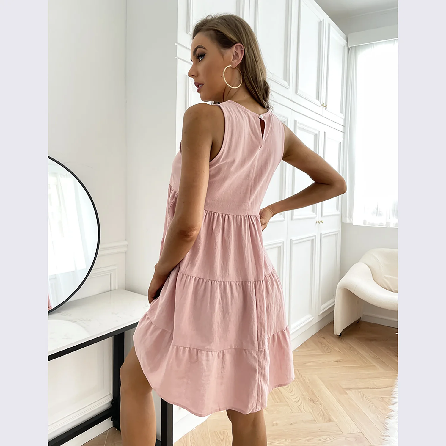 Повседневное свободное розовое мини-платье женские летние платья-жилеты с