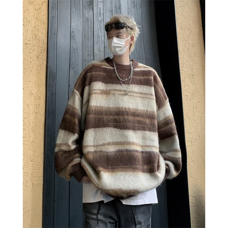 Свитер мужской в полоску пуловер оверсайз контрастных цветов модная свободная
