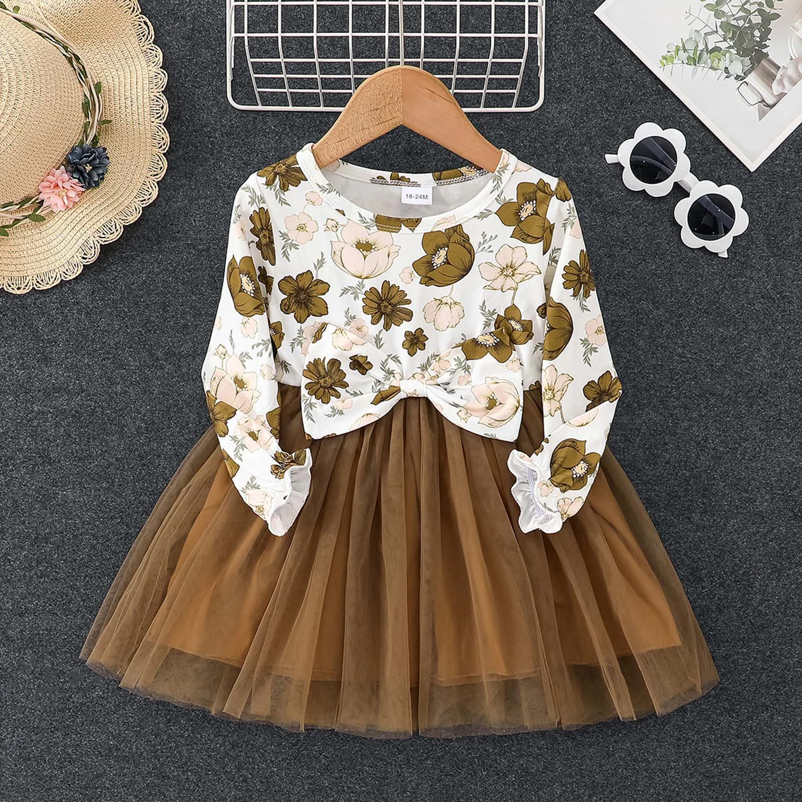 

Новинка, платье для маленьких девочек, детское Тюлевое платье с длинным рукавом и цветочным принтом, платье принцессы с бантом, винтажное пл...