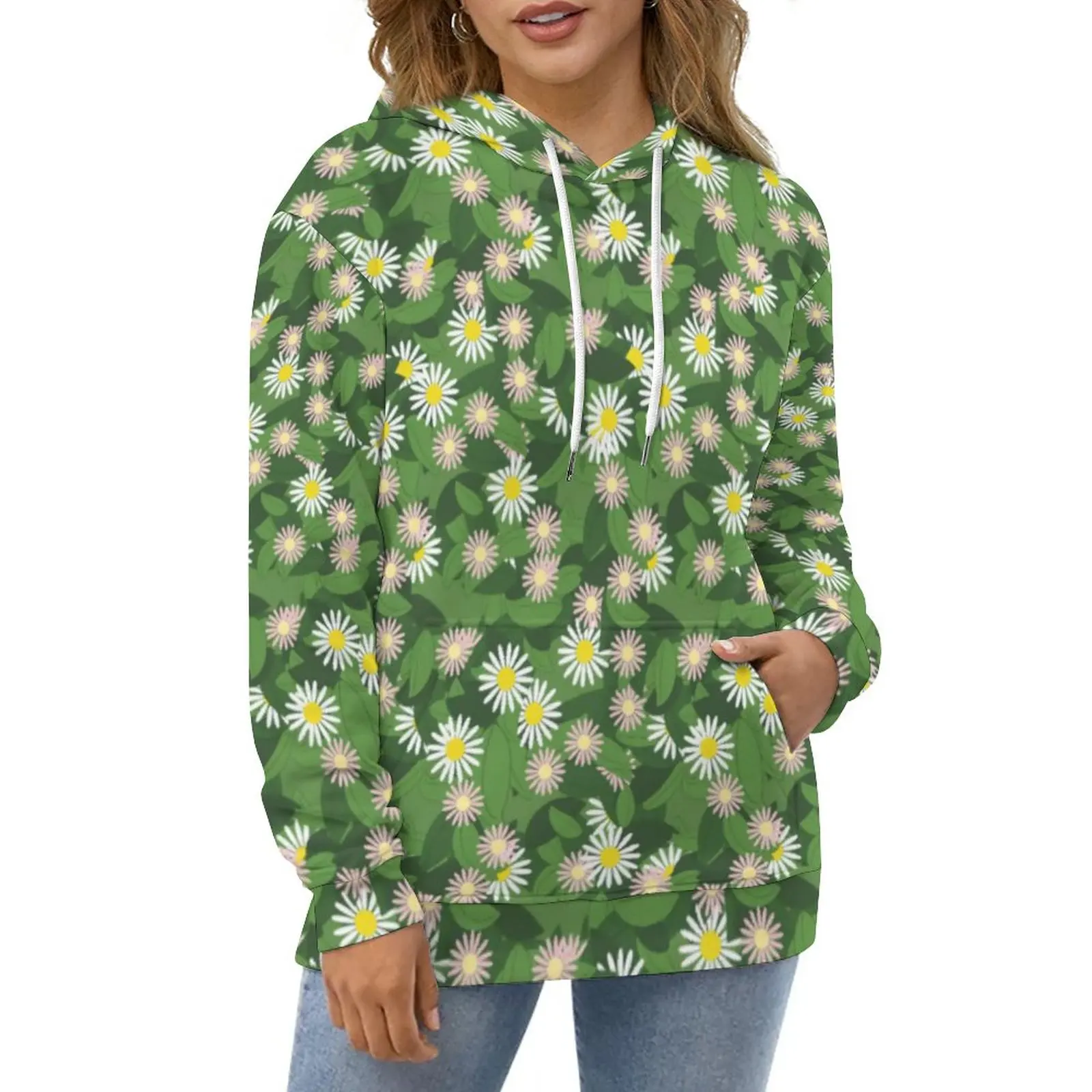 

Daisy Floral Print Hoodies Long Sleeve Green Leaves Cute Casual Pullover Hoodie Hip Hop Oversize Design Loose Hooded Sweatshirts