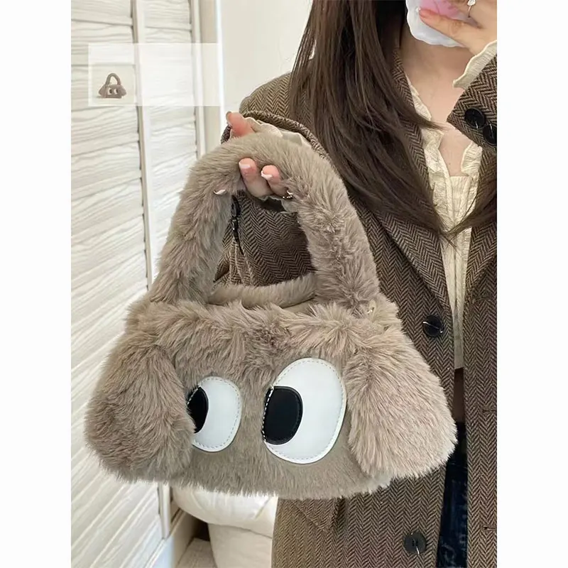 New Cute Plush Handheld Bucket Bag Winter Women's Shoulder Crossbody Small Bag Fashion Fluffy Female Handbags