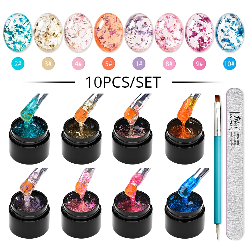 

MEET ACROSS 10PCS/SET Dried Flower Gel Nail Polish Set Natural Floral Kit Semi Permanent UV Varnish Nail Art For Manicure Design
