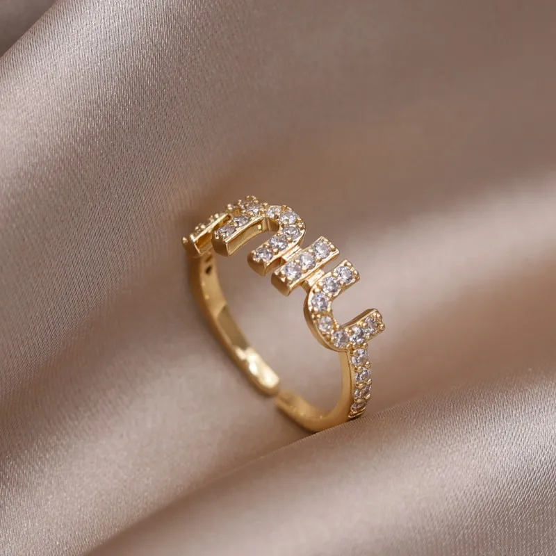

New Fashion Elegant Women'S Daily Design RingJewelry 14K Gold Plated Letter M Zircon OpenWork Accessories