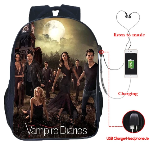 Дневники вампира USB большой емкости для подростков, косплей, школьная сумка Damon для студентов, мальчиков, дорожный рюкзак для ноутбука, детские сумки для книг