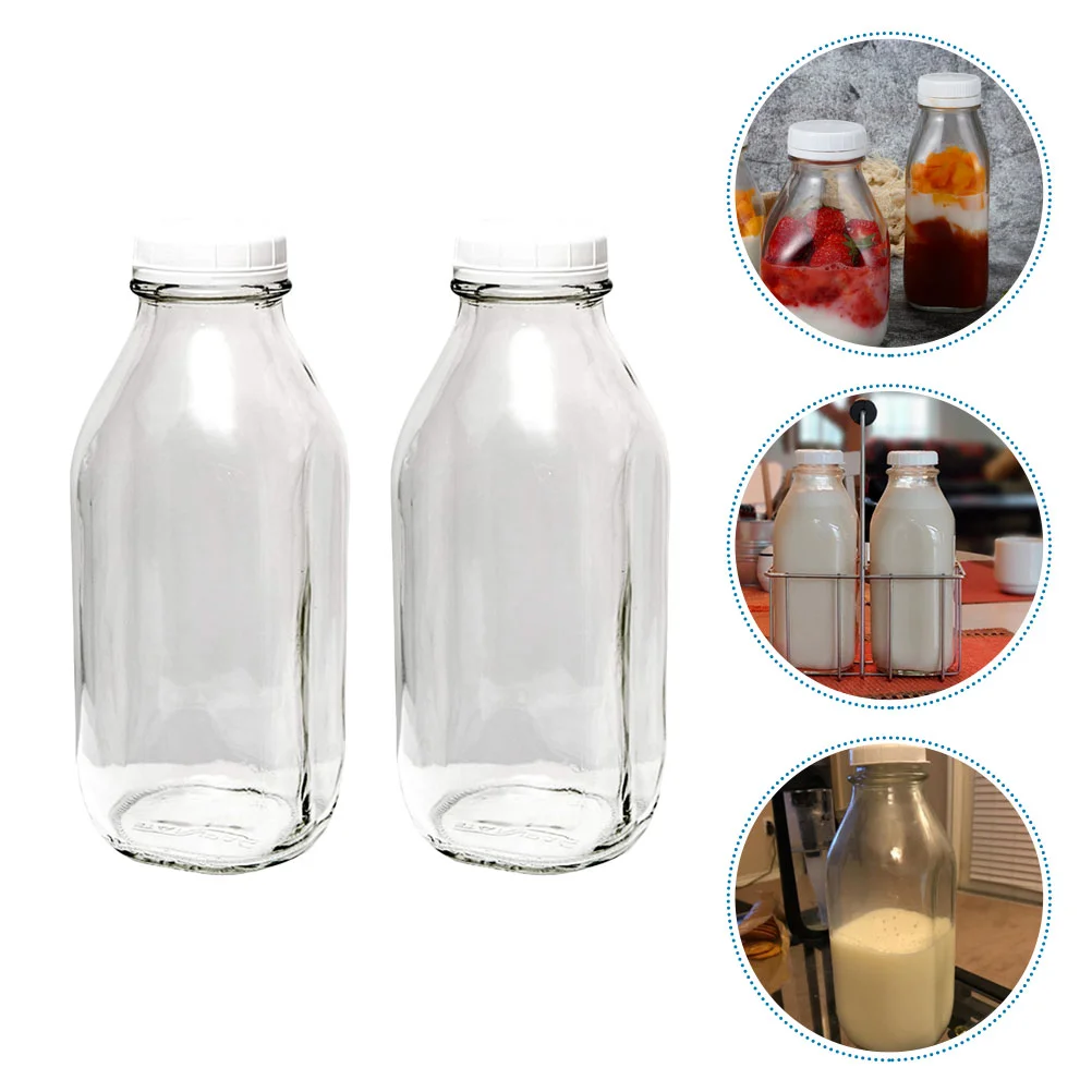 

2 Pcs Milk Bottle Glass Carafe Lid Drink Bottles Pudding Coffee Juice Fresh-keeping Container Large Child
