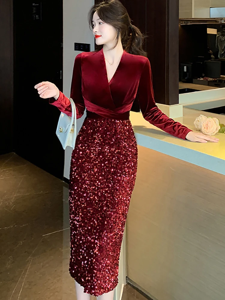 

2023 красное бархатное лоскутное роскошное платье миди с блестками, осенне-зимнее плотное теплое платье, женское корейское винтажное черное платье стандартной длины, ночное платье