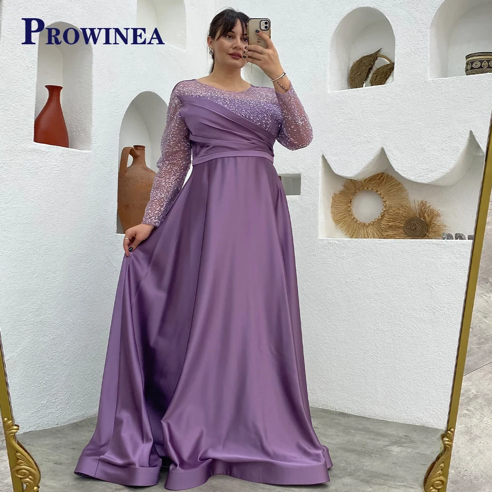 

Prowinea Glamorous Long Sleeve Scoop Stain Bling Evening Dresses Long Luxury Celebrity Custom Made Pleat Robes De Soirée A-Line