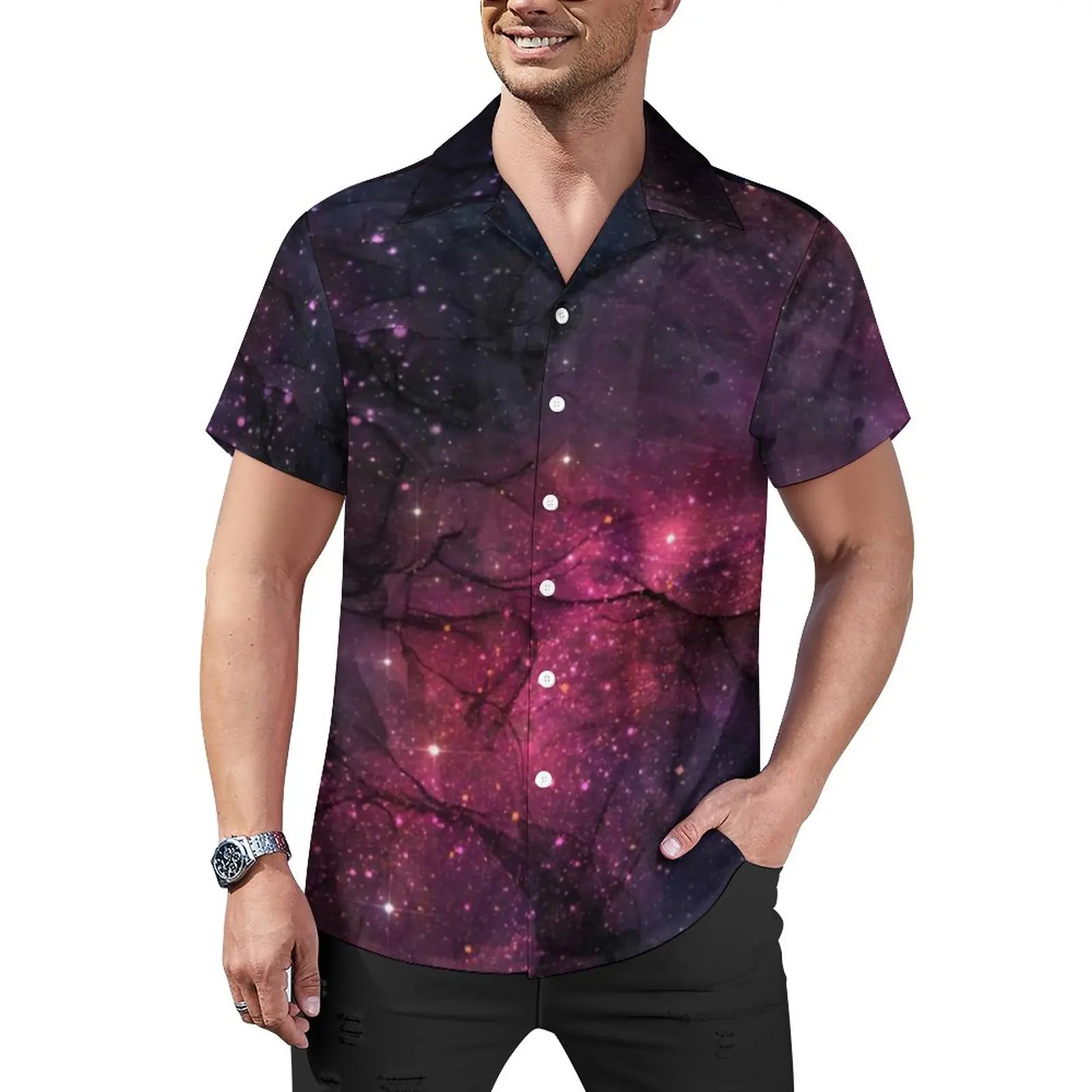 

Starry Star Outer Space Casual Shirts Galaxy Planetary Stars Pattern Beach Shirt Hawaiian Funny Blouses Man Print Big Size 4XL