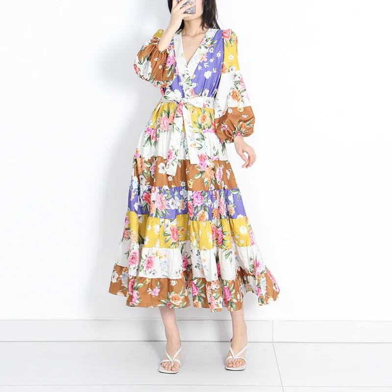 

Boho Dress for Women 2022 Summer V-Neck Lantern Sleeves Long Ruffled Patchwork Print Dress Vintage Indie Style Flower Dress